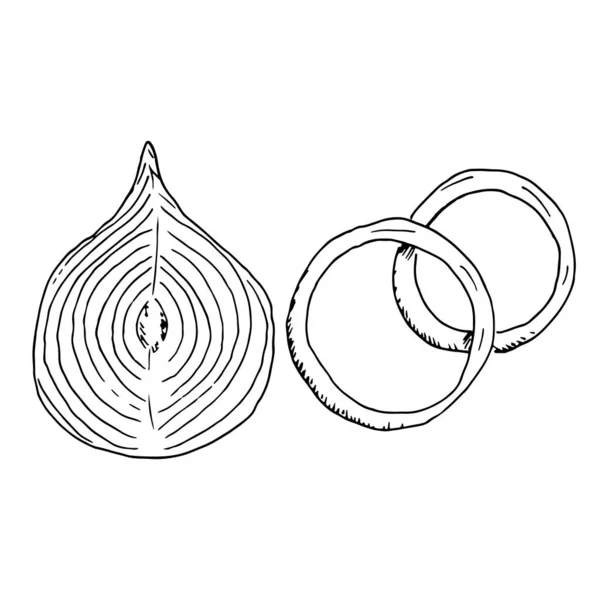 タマネギとリングの半分は白い背景に隔離されています リアルなドアアウトラインスタイルでベクトル手描きスケッチイラスト サラダ成分の概念 マリネ スパイシーな料理 刻まれた ヴィンテージ — ストックベクタ
