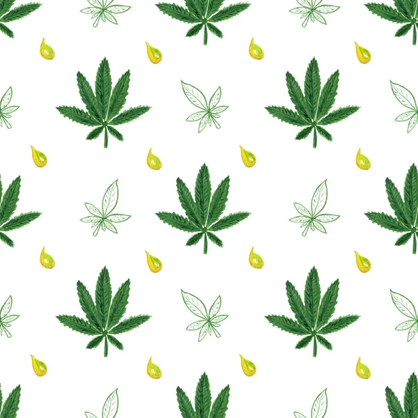 Patrón Sin Costuras Con Hojas Cannabis Aceite Gouache Acuarela Ilustración —  Fotos de Stock