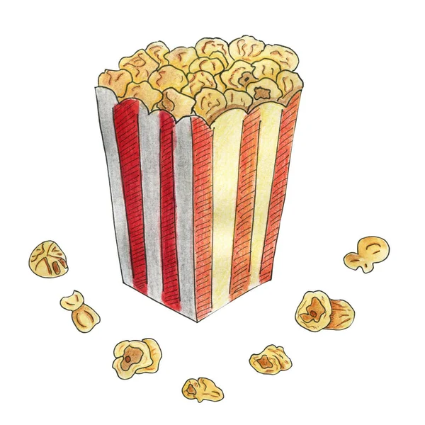 Popcorn cardboard carton box with red stripes with corn isolated on white background. Watercolor hand drawn illustration in cartoon style. Concept of cinema, theather, fast food, salty, caramel.