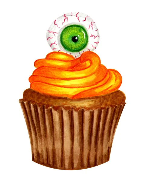 Design Halloween Para Cupcake Marrom Chocolate Com Creme Laranja Olho — Fotografia de Stock