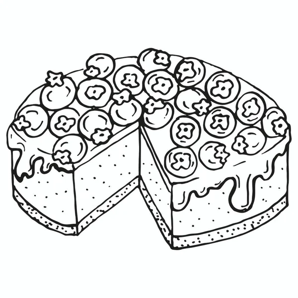 上にドレッシングとブルーベリーがのったチーズケーキ ベクトル手描きスケッチイラストドアアウトライン ヴィンテージレトロなアイコンのコンセプト パン屋 刻まれたデザイン 甘いビーガン — ストックベクタ