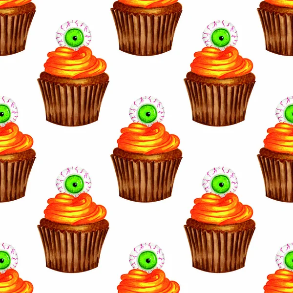Seamless Pattern Cupcake Orange Cream Green Eye Top White Background — Fotografia de Stock