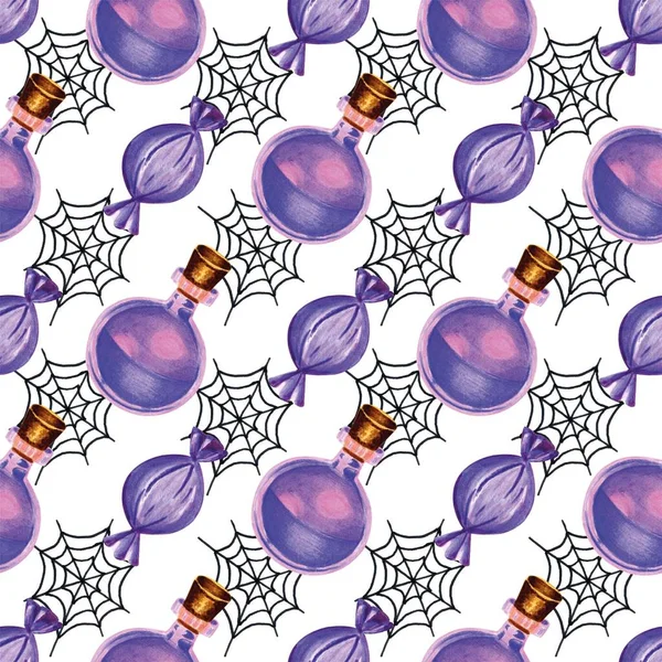 Бесшовный Рисунок Стеклянной Бутылкой Фиолетовым Ядом Черной Паутиной Акварельные Маркеры — стоковое фото