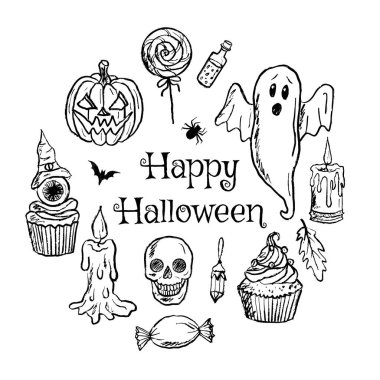 Mutlu Cadılar Bayramı tebrik kartı tasarımları. Yuvarlak şekilli gizemli nesnelerin siyah fırça darbesi dokusu beyaza izole edilmiş. Klasik kömür mürekkebiyle elle çizilmiş vektör çizimi. Pastel boya.