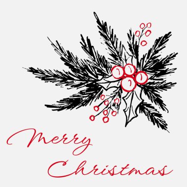 Bir hediye ya da bayram kutlamasını simgeleyen, çam dalları ve kutsal dutlu bir süslemenin el çizimi. Vintage retro tarzında vektör çizimi. Noel süsü, tebrik kartı.