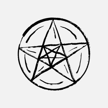 Büyücülüğü, putperestliği ve büyücülüğü simgeleyen bir pentagram veya pentagram çizimi. Cadılık öğesi, klasik el yapımı vektör çizimi pastel boya çizimi