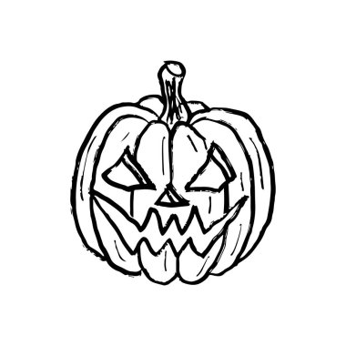 Korkunç Jack olantern Cadılar Bayramı tasarımı siyah fırça darbesi dokusu beyaza izole edilmiş. Klasik kömür mürekkebiyle elle çizilmiş vektör çizimi. Cadılar Bayramı tebrik kartı, davetiye, sembol