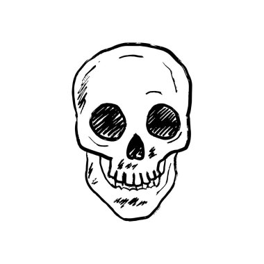 Kafatası tasarımı mutlu Cadılar Bayramının sembolü olarak siyah fırça darbesi dokusu beyaza izole edilmiş. Klasik kömür mürekkebiyle elle çizilmiş vektör çizimi. İskelet, dövme tasarımı, ölüm günü.