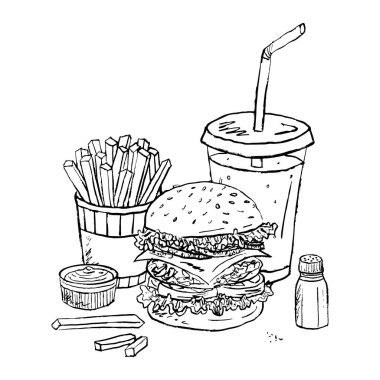 Patates kızartması, çizburger, soda ve soslu el yapımı fast food tasarımı. Vintage boya kalemi tarzında vektör çizimi. Fast food menü tasarımı