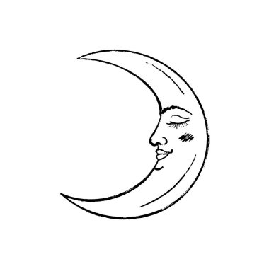 Hand-drawn sketch of a peaceful crescent moon with a face, symbolizing dreams, night, and serenity. Vintage sketch drawing. Mystery, tarot cards, sweet dreams. sleep concept