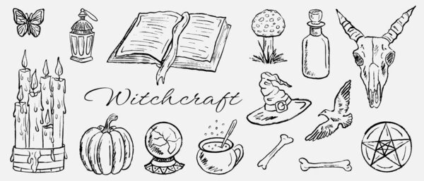 Hand-drawn sketch set of witchcraft and magical elements, including a skull, book of spells, potions, goat skull, melting candles. Vintage vector sketch crayon illustrations