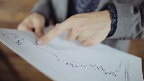 Close-up do empresário verificando gráficos financeiros mostrando os resultados de seu trabalho bem sucedido no escritório . — Vídeo de Stock
