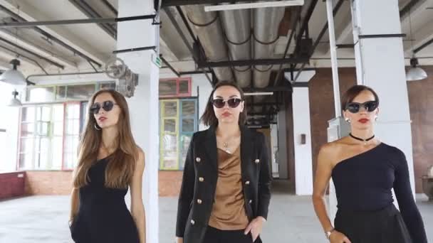 Портрет трех молодых деловых женщин, идущих в городском фоне. Командная работа, бизнес и финансовая концепция — стоковое видео