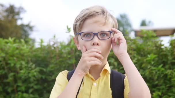 Portrait émotionnel d'un garçon blond en lunettes. Beau enfant surpris — Video