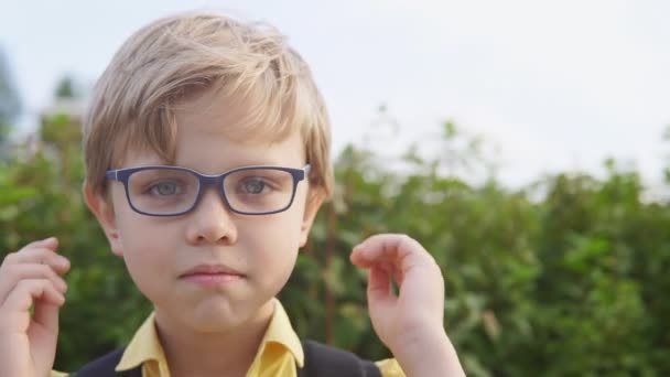 Retrato de cerca de un niño rubio poniéndose gafas y sonriendo, espacio para copiar — Vídeos de Stock