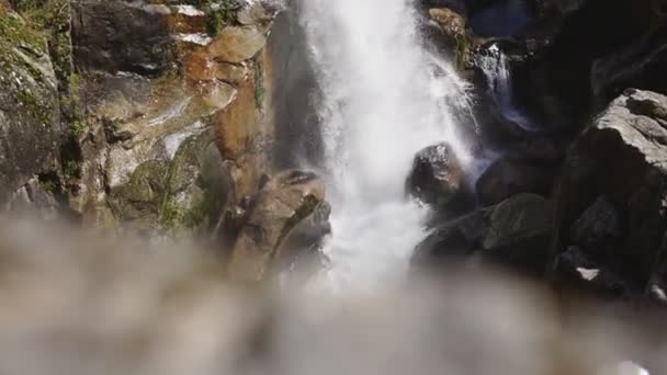 Dramática vista de cascada de cascada en bosque con rocas — Vídeos de Stock