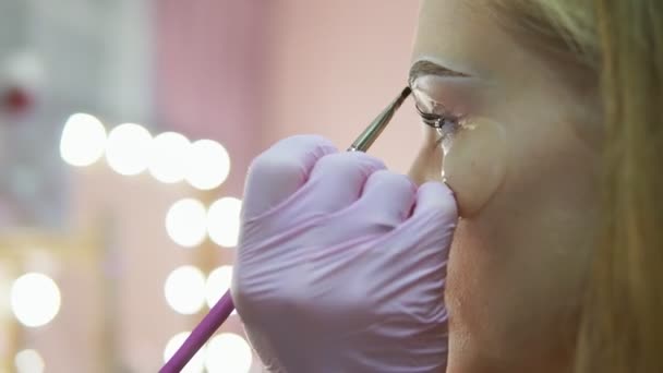 Primer plano del maquillador trabajando en cejas modelo en un salón de belleza — Vídeo de stock