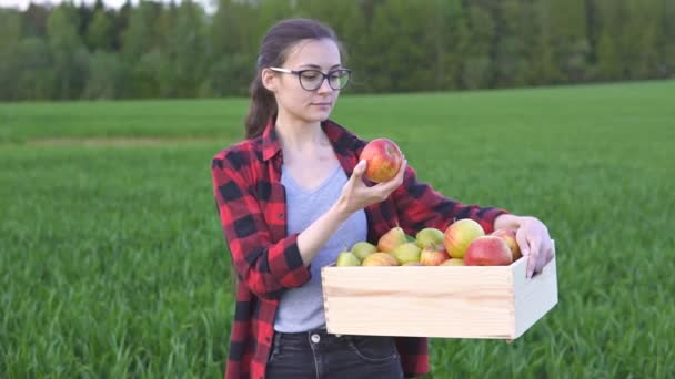 Mujer joven agricultora sosteniendo caja de madera de frutas frescas - manzanas y peras — Vídeo de stock