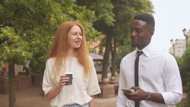 公園を歩いて話しているアフリカ系アメリカ人や白人の友人を笑顔で — ストック動画
