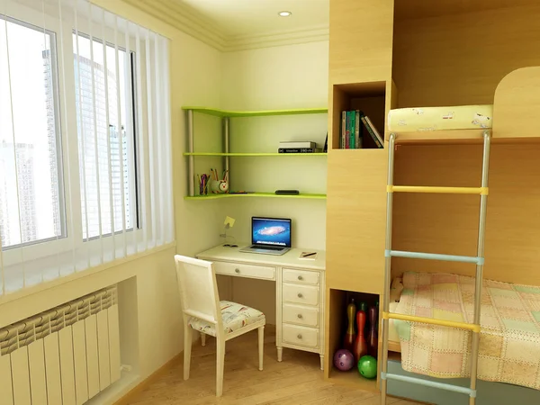 İki çocuk için bir çocuk odasının orijinal iç tasarımı.