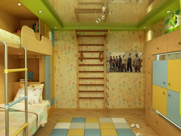 İki çocuk için bir çocuk odasının orijinal iç tasarımı.