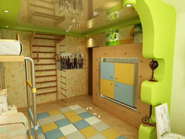 İki çocuk için bir çocuk odasının orijinal iç tasarımı.
