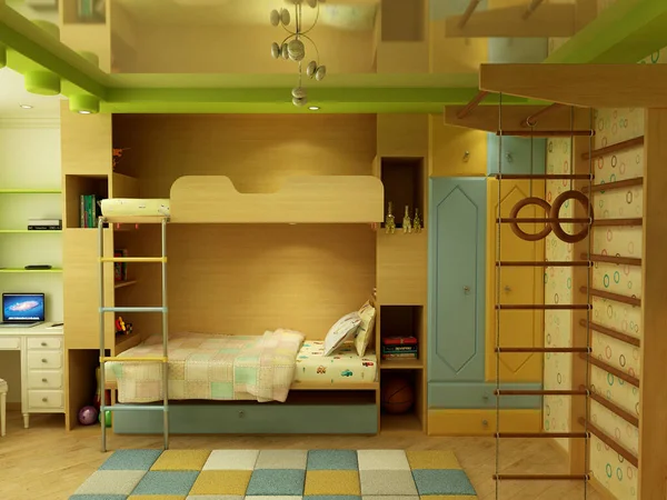 İki çocuk için bir çocuk odasının orijinal iç tasarımı.