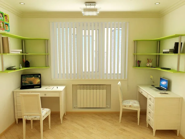 İki çocuk için bir çocuk odasının orijinal iç tasarımı.