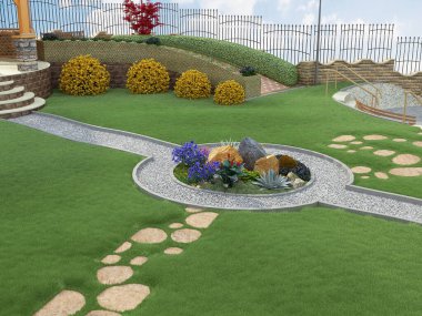 Bir ev ve yüzme havuzlu bir manzaranın 3 boyutlu görüntüsü.