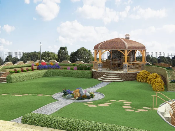 Bir ev ve yüzme havuzlu bir manzaranın 3 boyutlu görüntüsü.