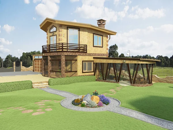Bir ev ve yüzme havuzlu bir manzaranın 3 boyutlu görüntüsü.