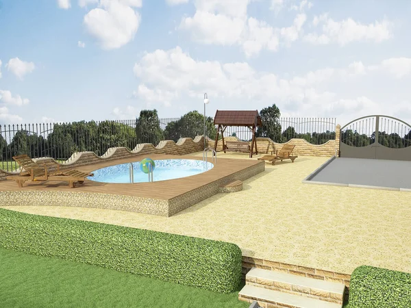 Bir ev ve yüzme havuzlu bir manzaranın 3 boyutlu görüntüsü.