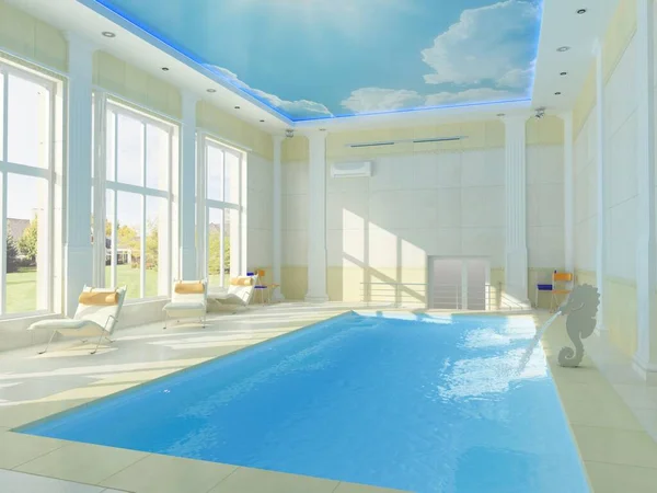 Yüzme havuzu ve dinlenme alanı olan 3 boyutlu bir oda..