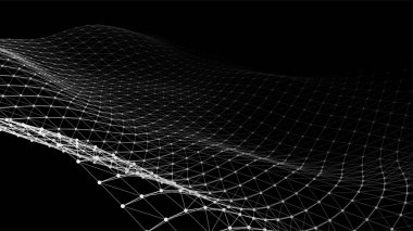 Çizgiler ve noktalar ile ağ konsepti. Soyut bağlantı noktaları ve çizgiler. Soyut bağlantı noktaları ve çizgilerini kavra. Siyah arkaplanda parçacık dalgası.