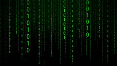 İkili kod akışına sahip soyut fütürist siber uzay, basamaklı yeşil matris arkaplan. Kodlama ve hacker kavramı. Düşen sayılar. Vektör illüstrasyonu.