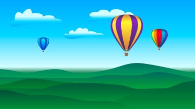 Yeşil tepelerin üzerinde uçan renkli sıcak hava balonları. Sıcak hava balonu festivali, seyahat ve macera kavramı. Vektör illüstrasyonu.