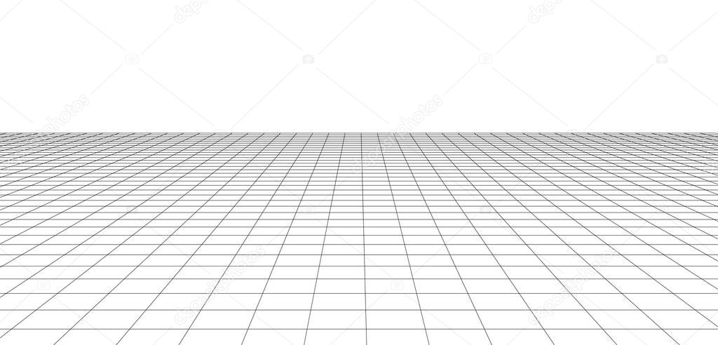 Abstract perspective grid on white background widescreen illustration. WIreframe landscape.