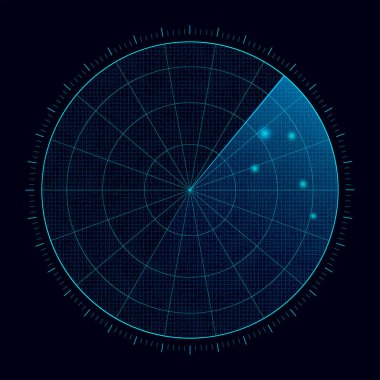 Dijital mavi ışıklandırma gerçekçi radar ekranı. HUD vektör illüstrasyonu.
