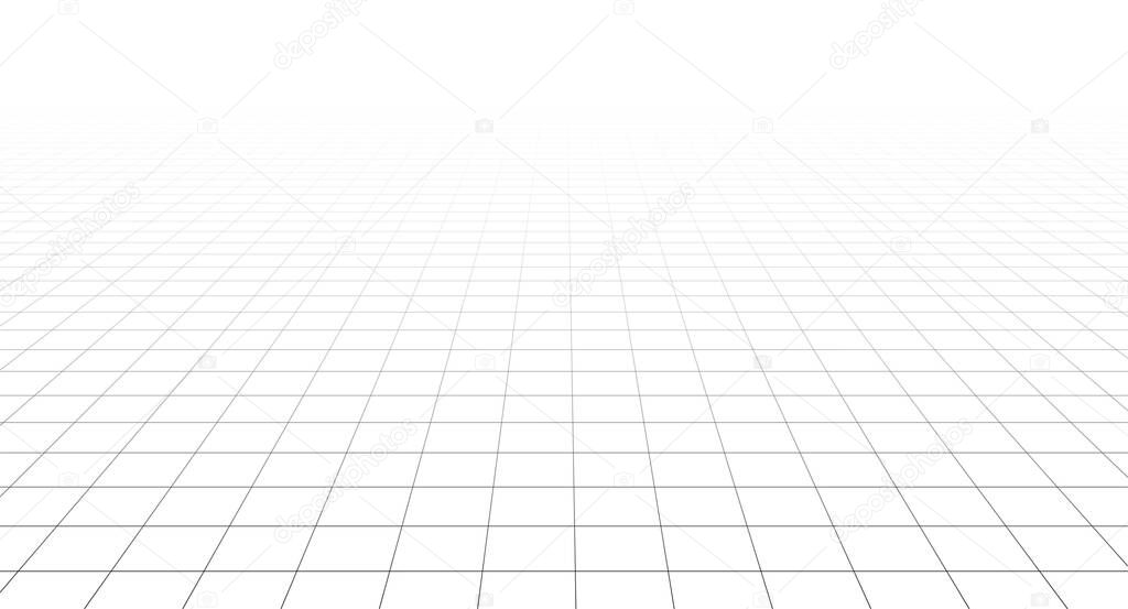 Abstract perspective grid disappearing into the horizon on white background widescreen illustration. Wireframe endless mesh landscape.