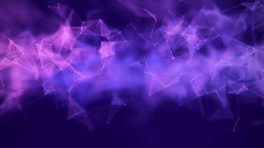 Bağlantı noktaları ve çizgileri olan soyut açık mor kompozisyon. Karanlık arka planda birbirine bağlı düşük polimerli şekil. Çokgen menekşe arka plan. 3d oluşturma.