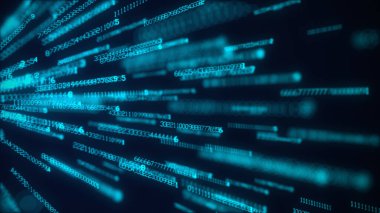 Sayıların akışı, modern mavi dijital arka plan. Sanal gerçeklik, soyut matris arkaplanı. Veri akışı, düşen para kavramı. Hesaplama, veri işleme, siber güvenlik. 3d oluşturma.