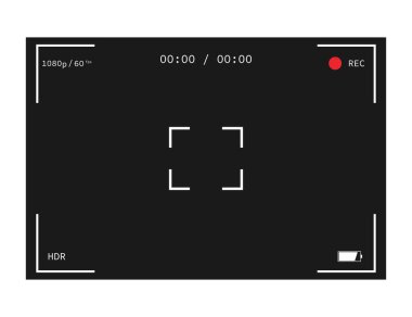 Kamera arayüzü. Fotoğraf ve video çerçevesi. Kamera ekranının bir kopyası. Tam çözünürlüklü kayıt simgesi 1080p. Batarya ikonlu HDR. Kamera görüntüsü. Odak sembollü görüntü bulucu. Vektör EPS 10.