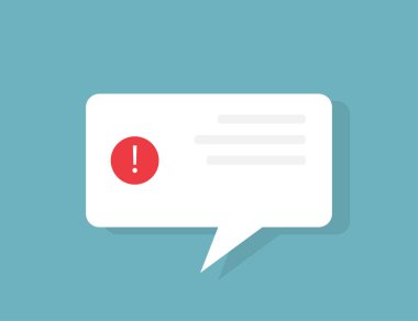 Hata mesajı. Kırmızı daire şeklinde ünlem işareti olan pencereyi uyarın. Beyaz baloncuk mesajı. Uyarı diyalog şablonu. Bildirim ekranı. İzole hata penceresi. Uyarı işareti. Vektör EPS 10.