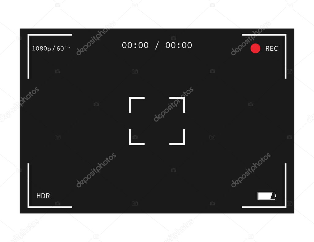 Camera interface. Photo and video frame. Mockup of camera screen. Record icon with full hd resolution as 1080p. HDR with battery icon. Cam display. Viewfinder with focus symbol. Vector EPS 10.