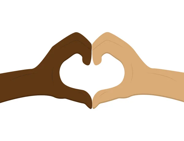 인종 차별은 없다. 손으로 심장 모양을 하고. 우정 은 사람들을 따뜻하게 해준다. 차별을 중지하 십시오. 검은 피부와 하얀 피부. 사랑의 손이지. 인종 차별에 반대 한다. 사랑의 상징. 고립된 작업. 벡터 EPS 10. — 스톡 벡터