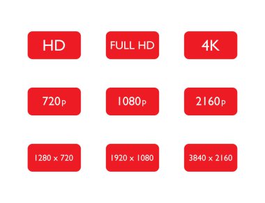 Yüksek çözünürlüklü yüksek çözünürlüklü HD seti. 720p, 1080p ve 2160p piksel görüntü kalitesi. 1920x1080 medya tanımı. Geniş ekran film. Film kalitesi sembolü. Vektör EPS 10.