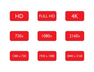 Yüksek çözünürlüklü yüksek çözünürlüklü HD seti. 720p, 1080p ve 2160p piksel görüntü kalitesi. 1920x1080 medya tanımı. Geniş ekran film. Film kalitesi sembolü. Vektör EPS 10.