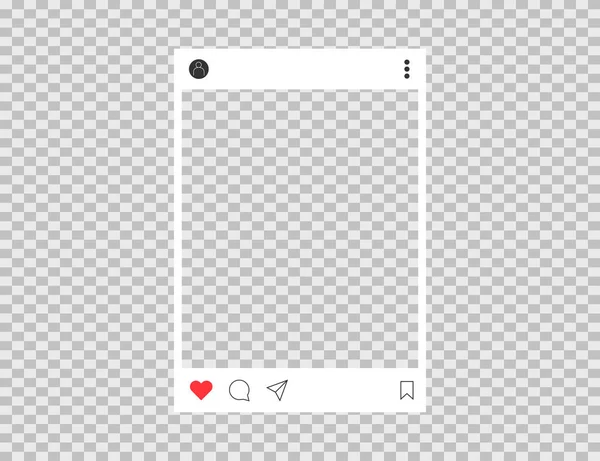 社会的なスタイルで写真フレーム。ソーシャルネットワークのプロフィール画像。コメントや共有でハートやアイコンのような。ユーザー名記号。透明な背景を持つ画像フレームモックアップ。テンプレートレイアウト。EPS 10. — ストックベクタ
