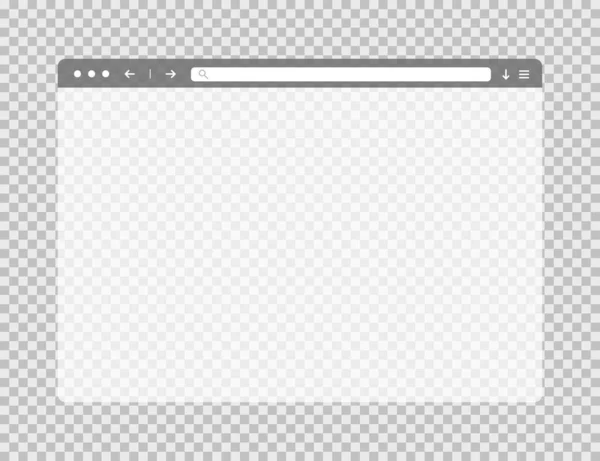 Transparent web browser window. Template of website page. Empty mockup of internet website. Isolated browser screen with blank page. Search bar in moder flat style. Vector EPS 10. — Stock Vector