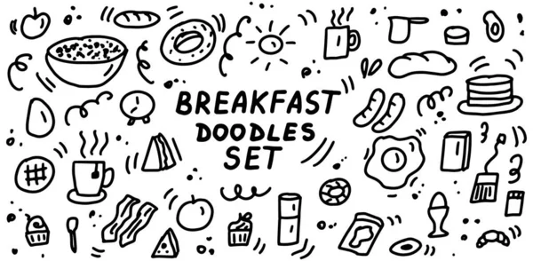 Set Iconos Garabatos Desayuno Dibujado Mano Líneas Dibujos Animados Colección — Vector de stock